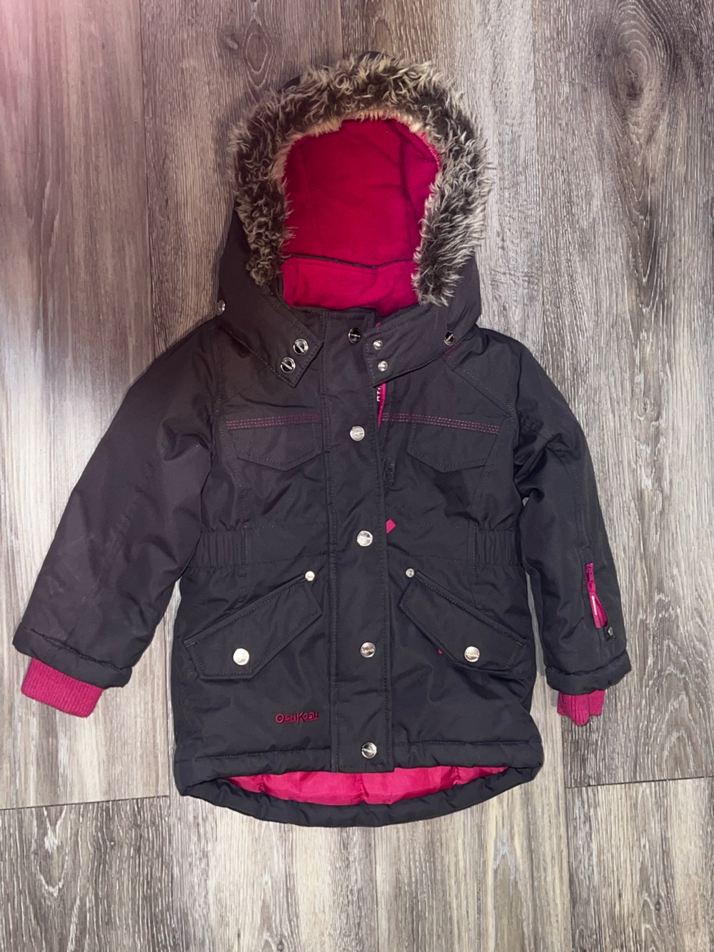 OshKosh B'gosh Gray Jacket with Pink Lining and Detachable Faux Fur Hood